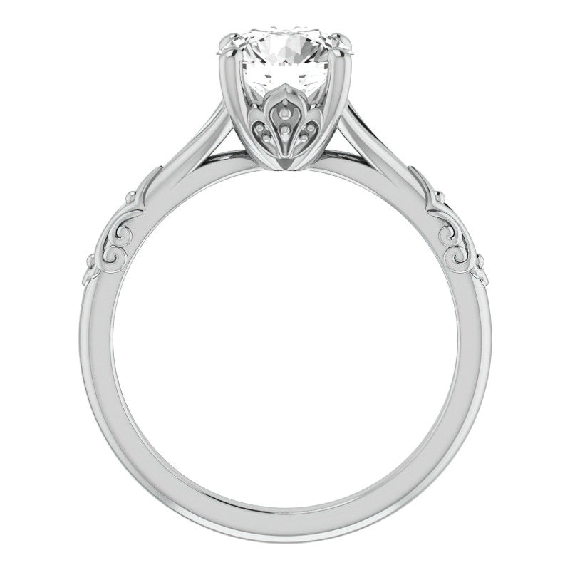 Round Brilliant Moissanite Scroll Accent Cathedral Engagement Ring