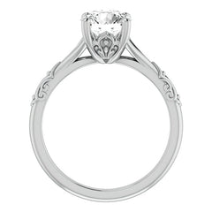 Round Brilliant Moissanite Scroll Accent Cathedral Engagement Ring