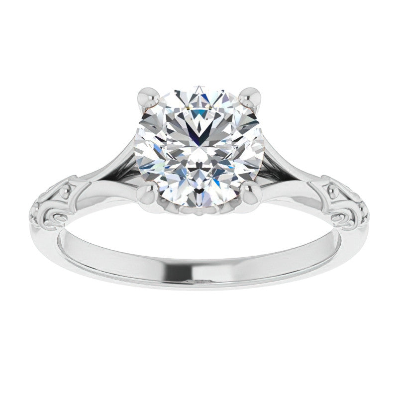 Round Brilliant Moissanite Scroll Accent Cathedral Engagement Ring