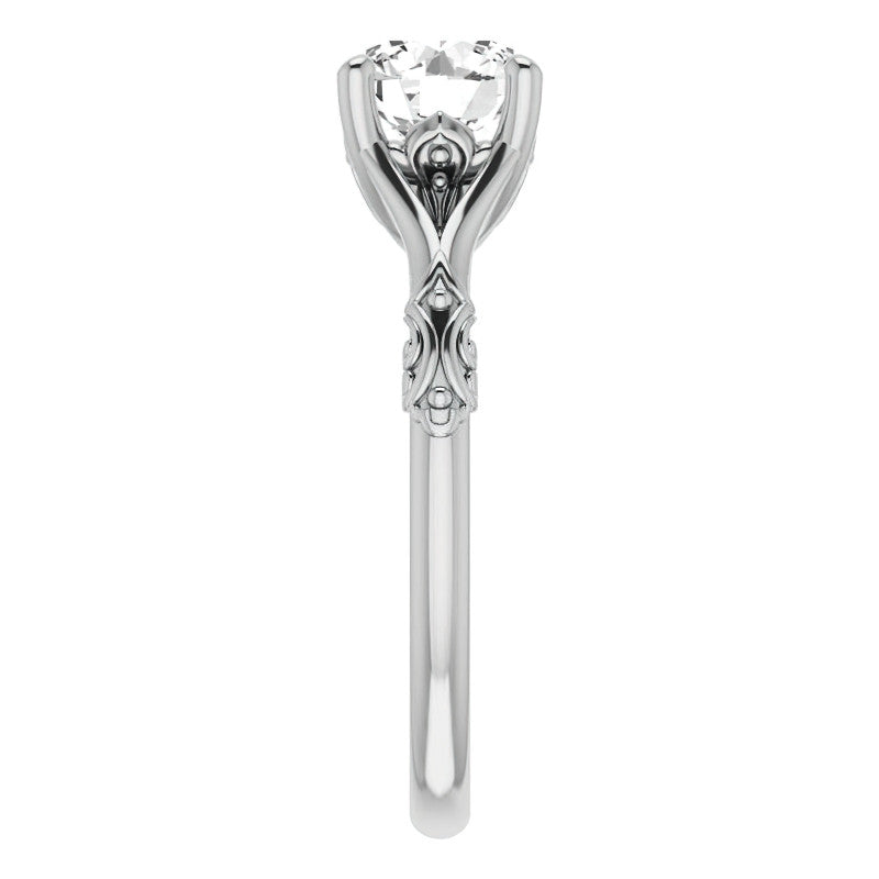Round Brilliant Moissanite Scroll Accent Cathedral Engagement Ring