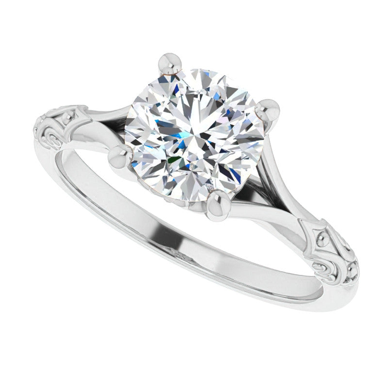 Round Brilliant Moissanite Scroll Accent Cathedral Engagement Ring