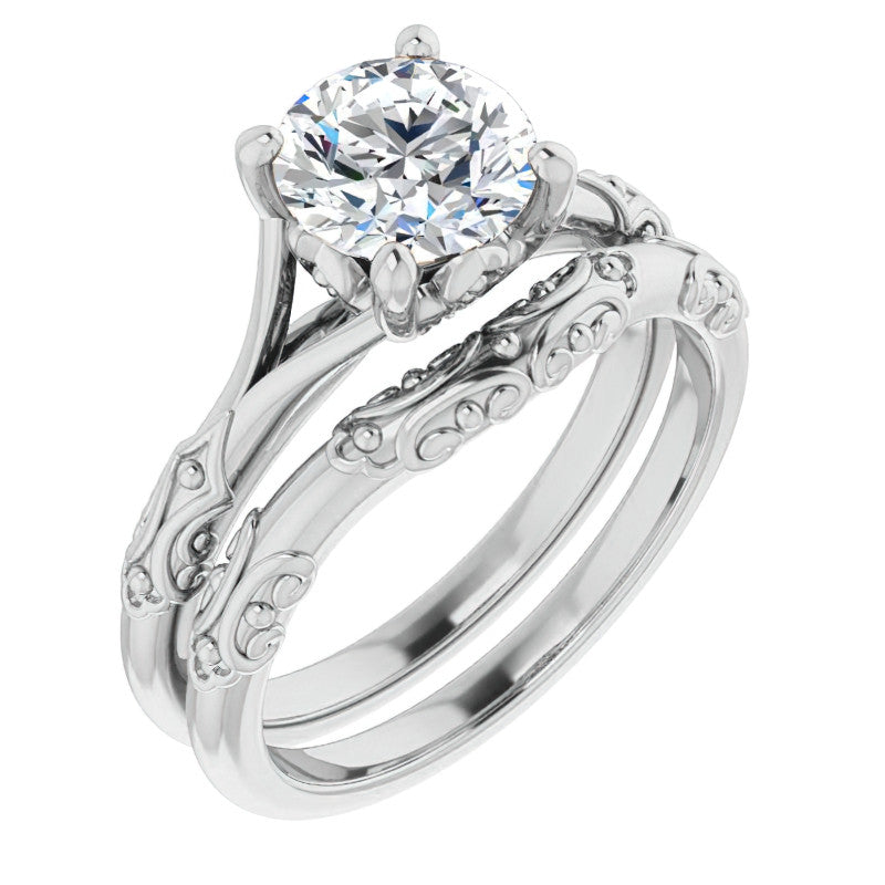 Round Brilliant Moissanite Scroll Accent Cathedral Engagement Ring