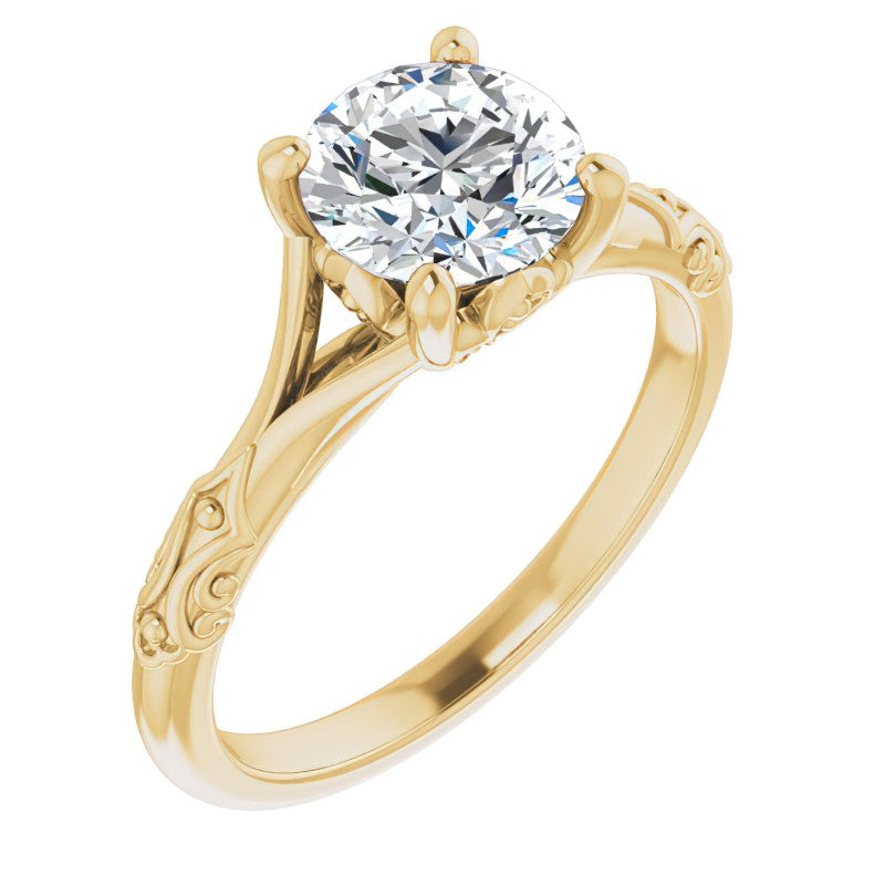 Round Brilliant Moissanite Scroll Accent Cathedral Engagement Ring