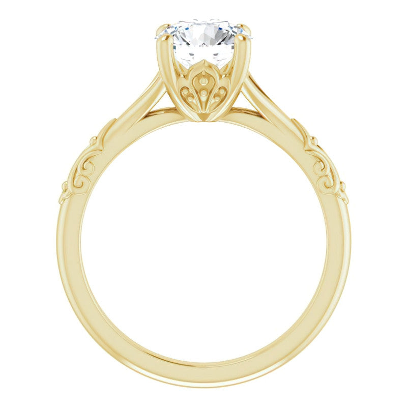 Round Brilliant Moissanite Scroll Accent Cathedral Engagement Ring