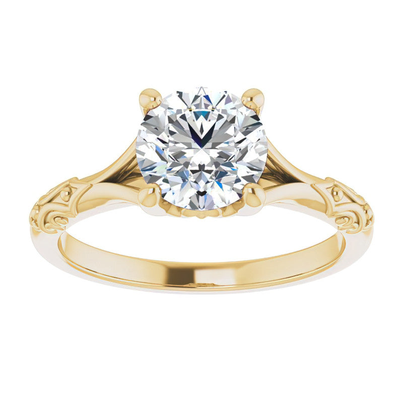 Round Brilliant Moissanite Scroll Accent Cathedral Engagement Ring