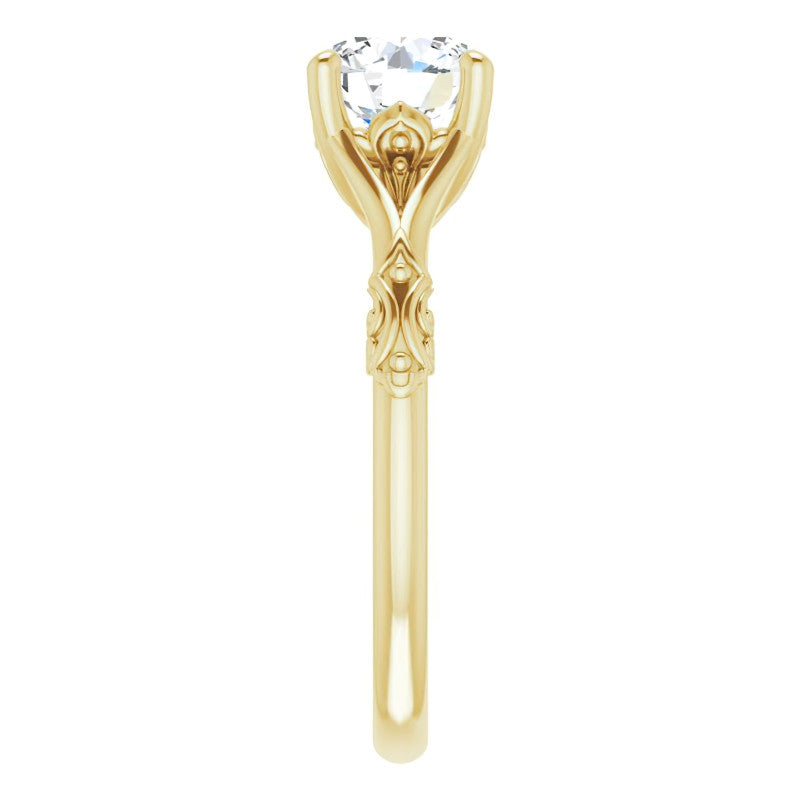 Round Brilliant Moissanite Scroll Accent Cathedral Engagement Ring