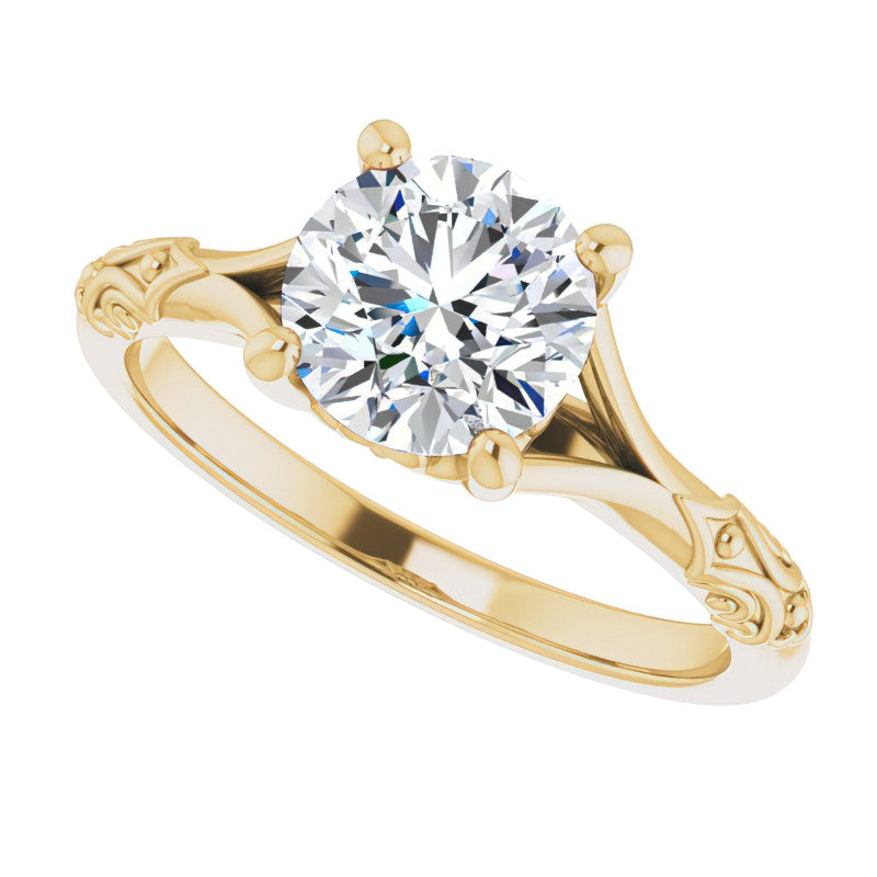 Round Brilliant Moissanite Scroll Accent Cathedral Engagement Ring
