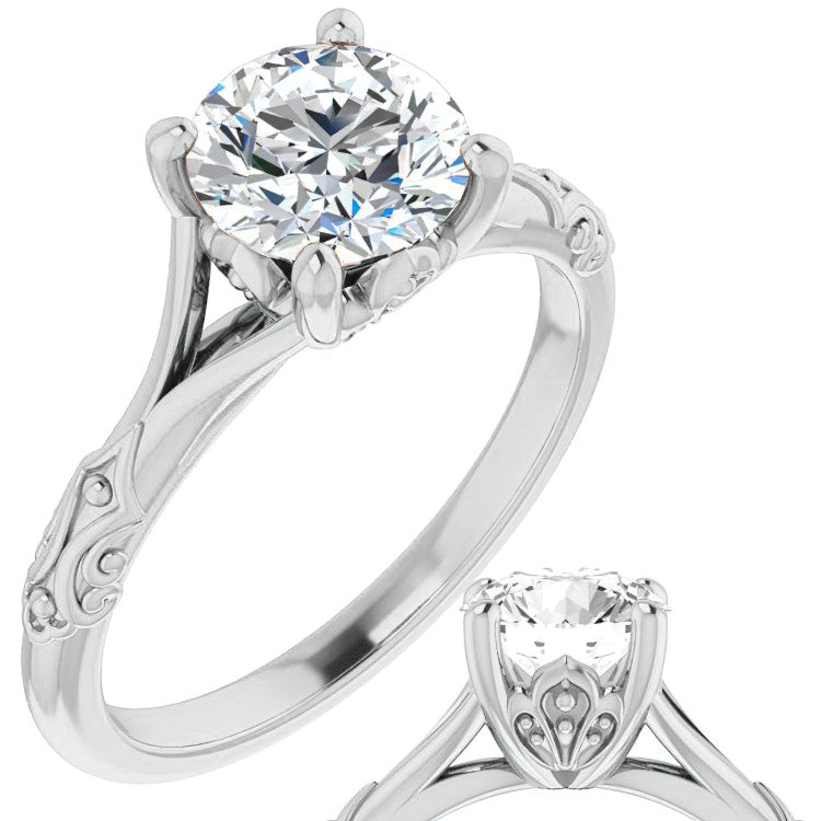 Round Brilliant Moissanite Scroll Accent Cathedral Engagement Ring