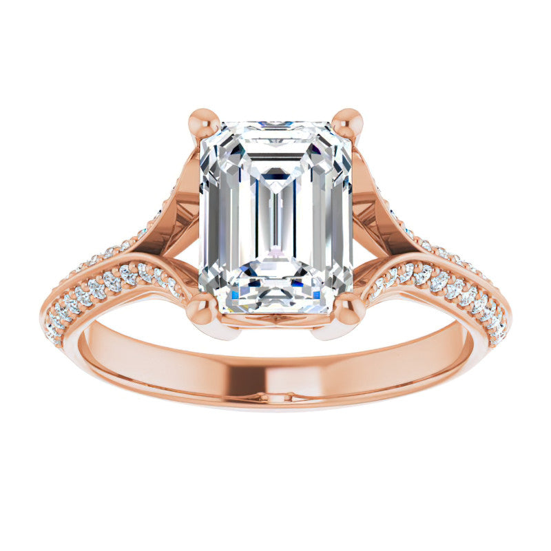 Split Shank Knife Edge Emerald / Radiant Moissanite Engagement Ring
