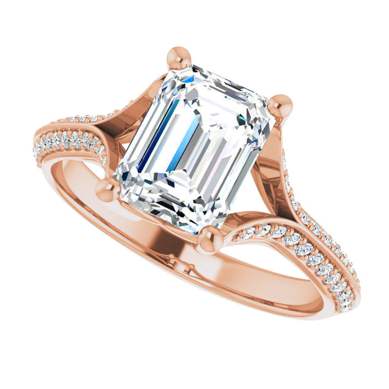 Split Shank Knife Edge Emerald / Radiant Moissanite Engagement Ring