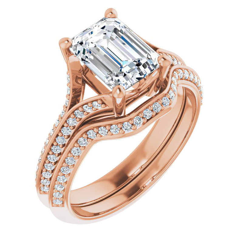 Split Shank Knife Edge Emerald / Radiant Moissanite Engagement Ring