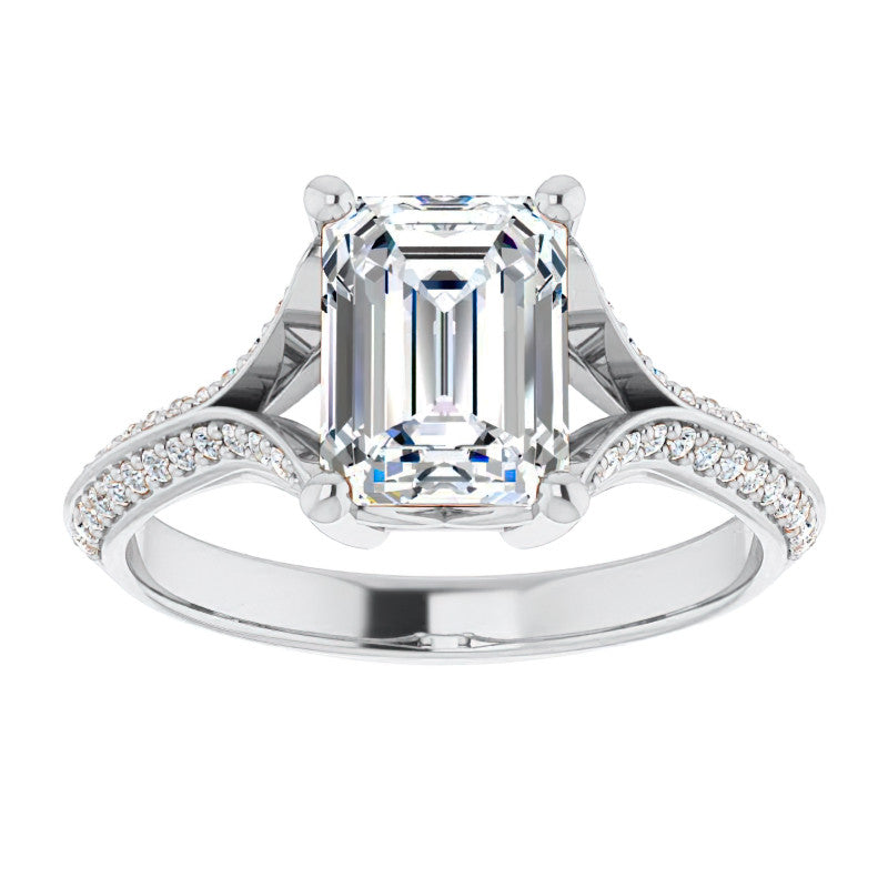 Split Shank Knife Edge Emerald / Radiant Moissanite Engagement Ring