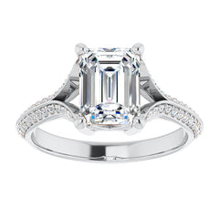 Split Shank Knife Edge Emerald / Radiant Moissanite Engagement Ring