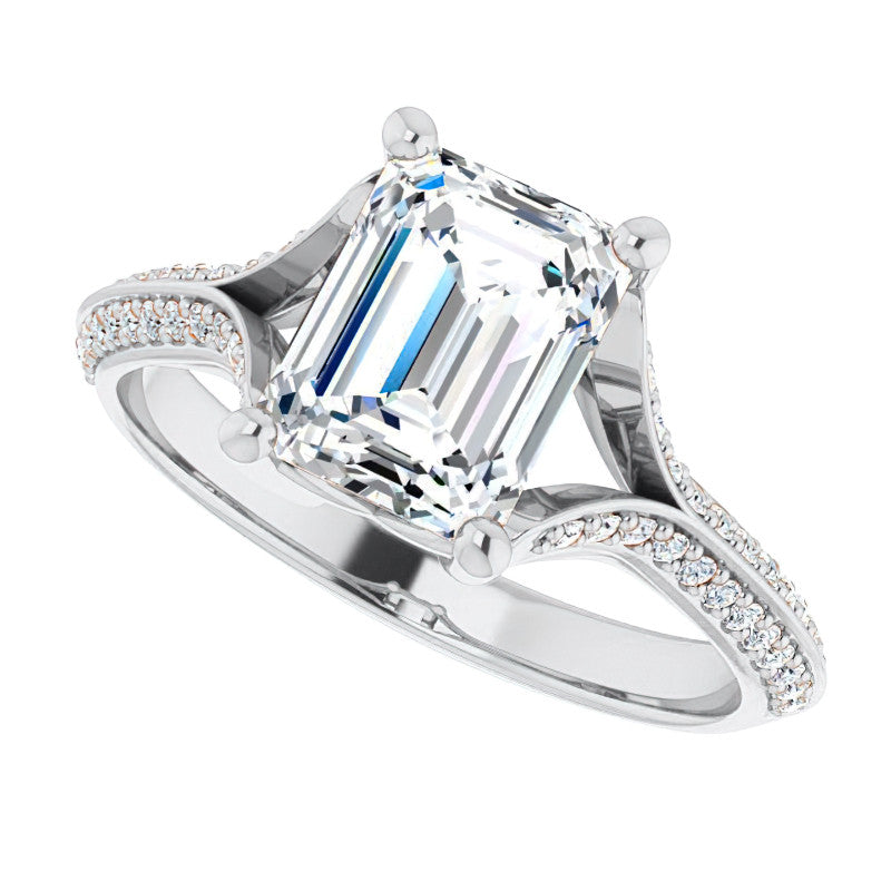 Split Shank Knife Edge Emerald / Radiant Moissanite Engagement Ring