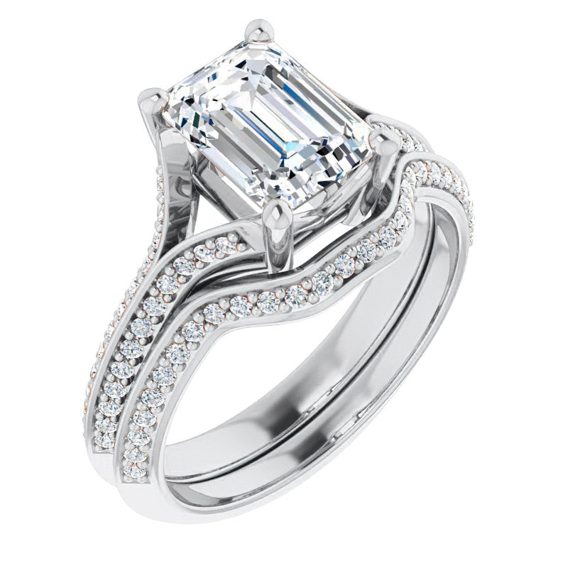 Split Shank Knife Edge Emerald / Radiant Moissanite Engagement Ring