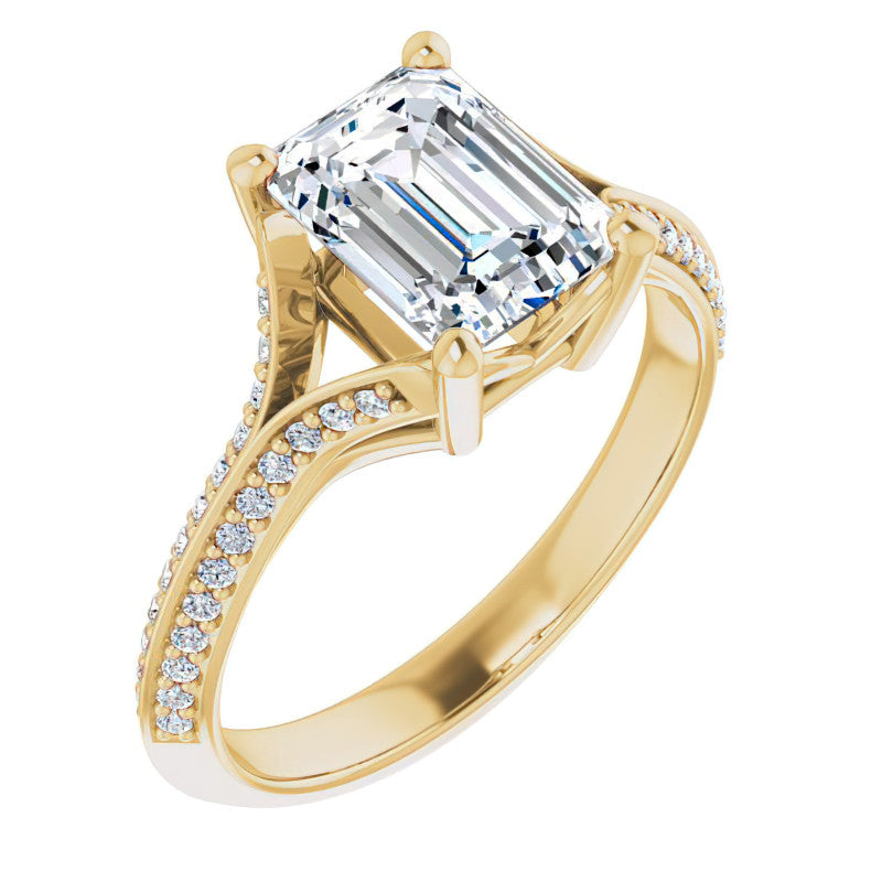 Split Shank Knife Edge Emerald / Radiant Moissanite Engagement Ring