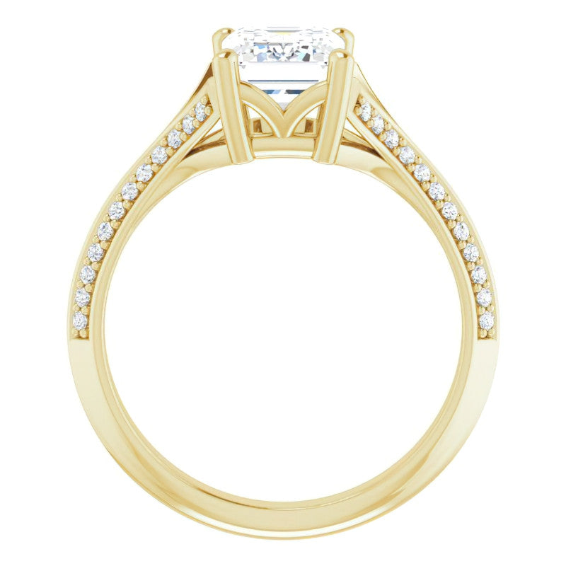 Split Shank Knife Edge Emerald / Radiant Moissanite Engagement Ring