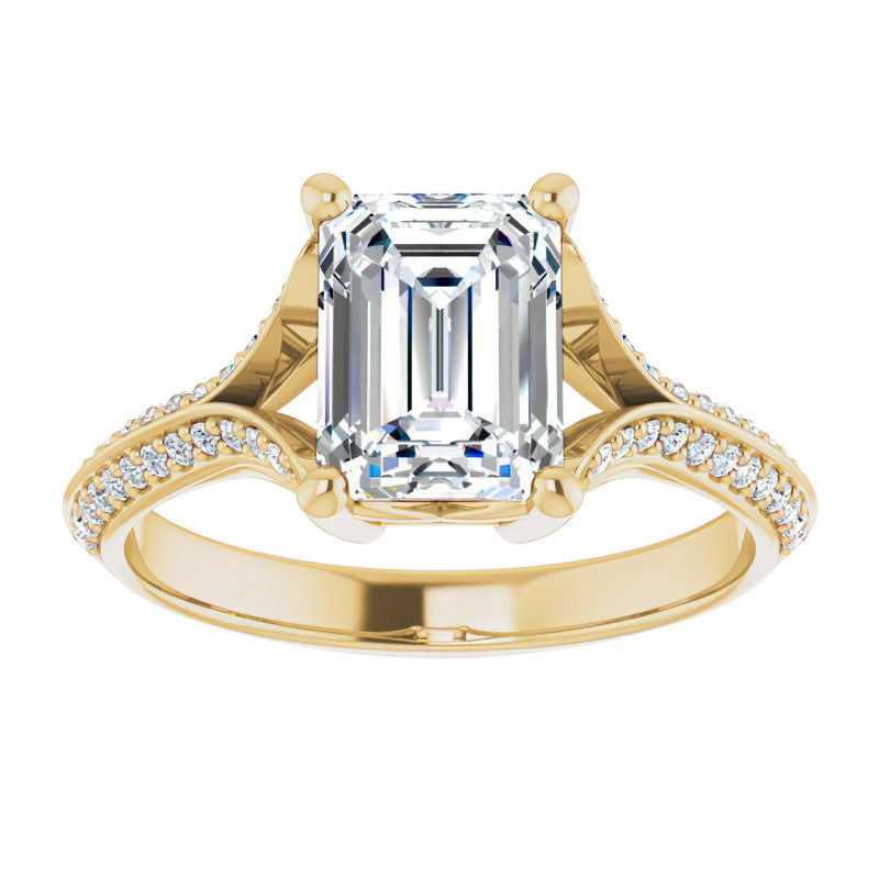 Split Shank Knife Edge Emerald / Radiant Moissanite Engagement Ring