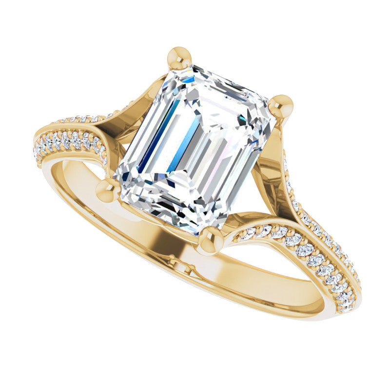 Split Shank Knife Edge Emerald / Radiant Moissanite Engagement Ring