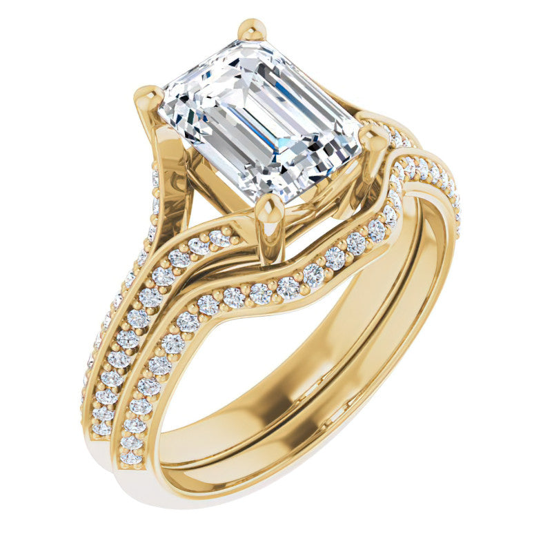 Split Shank Knife Edge Emerald / Radiant Moissanite Engagement Ring