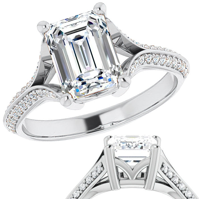 Split Shank Knife Edge Emerald / Radiant Moissanite Engagement Ring