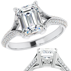 Split Shank Knife Edge Emerald / Radiant Moissanite Engagement Ring