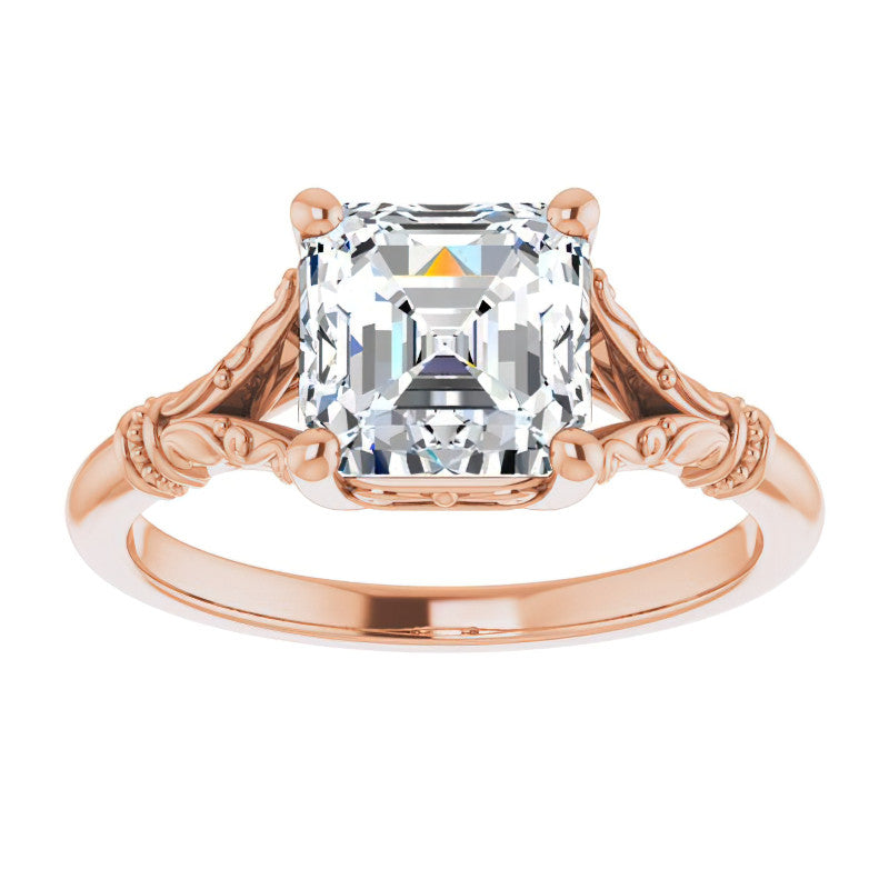 Asscher Split Shank Moissanite Engagement Ring with Scroll Accents