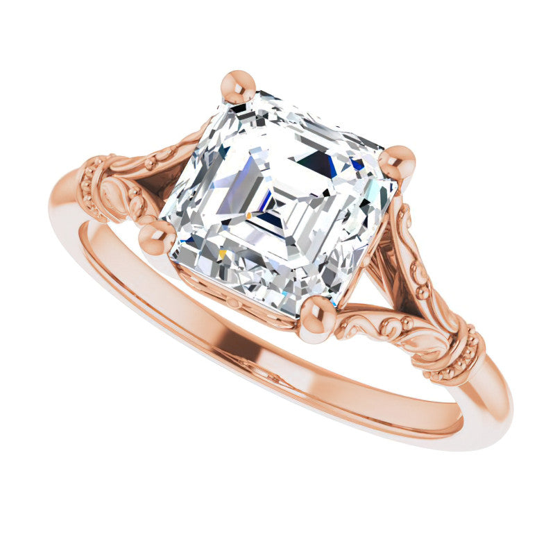 Asscher Split Shank Moissanite Engagement Ring with Scroll Accents