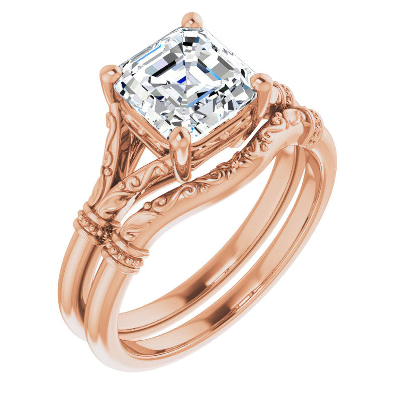 Asscher Split Shank Moissanite Engagement Ring with Scroll Accents