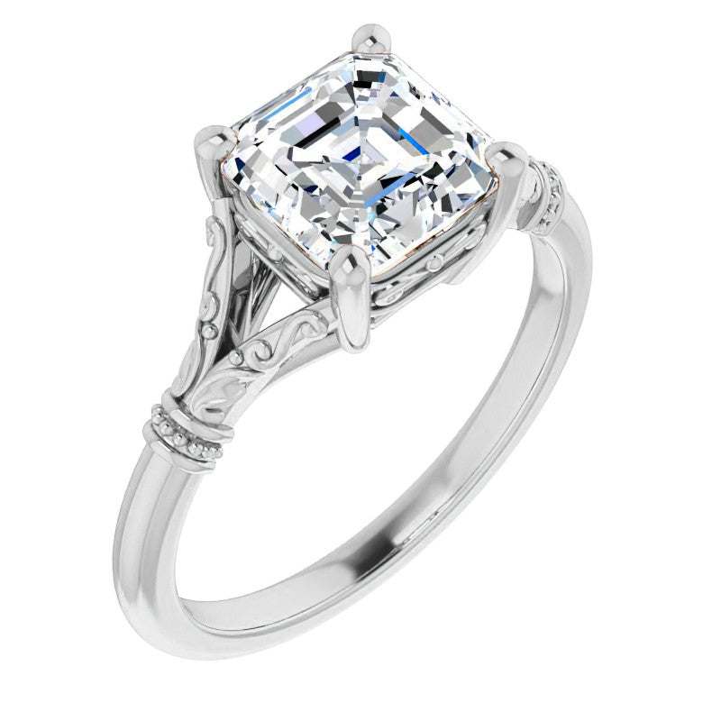Asscher Split Shank Moissanite Engagement Ring with Scroll Accents