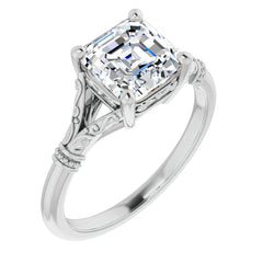 Asscher Split Shank Moissanite Engagement Ring with Scroll Accents