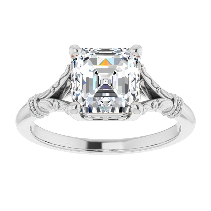 Asscher Split Shank Moissanite Engagement Ring with Scroll Accents