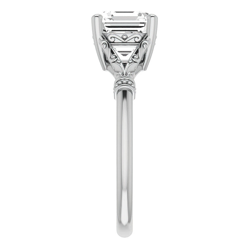 Asscher Split Shank Moissanite Engagement Ring with Scroll Accents