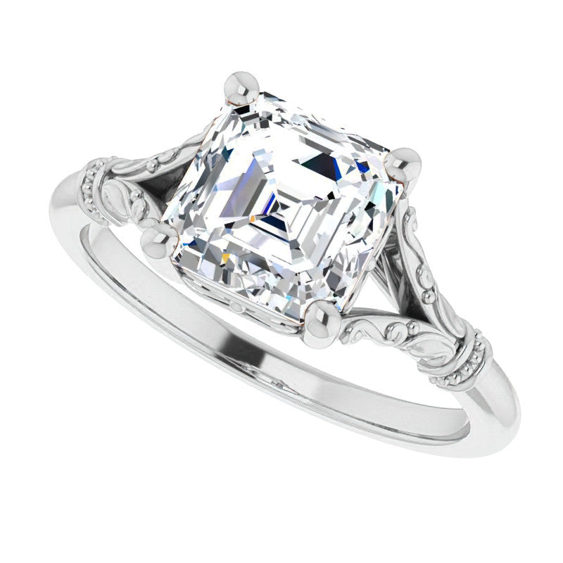 Asscher Split Shank Moissanite Engagement Ring with Scroll Accents