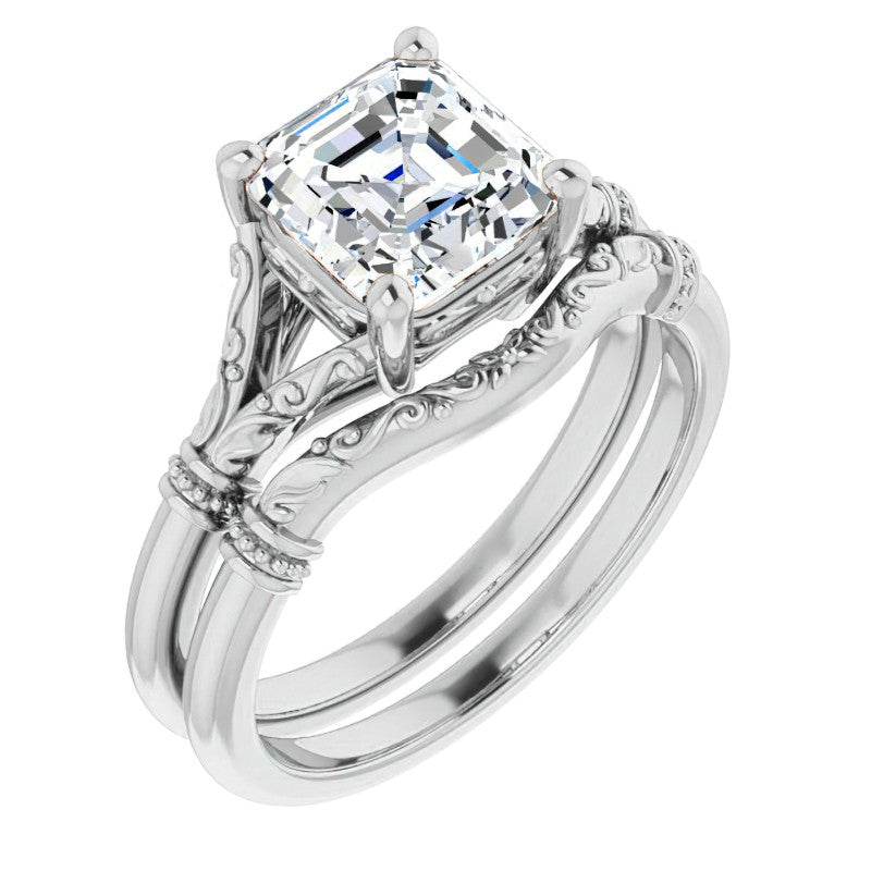 Asscher Split Shank Moissanite Engagement Ring with Scroll Accents