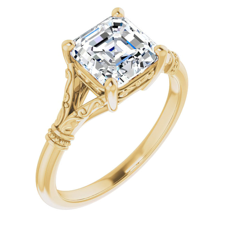 Asscher Split Shank Moissanite Engagement Ring with Scroll Accents