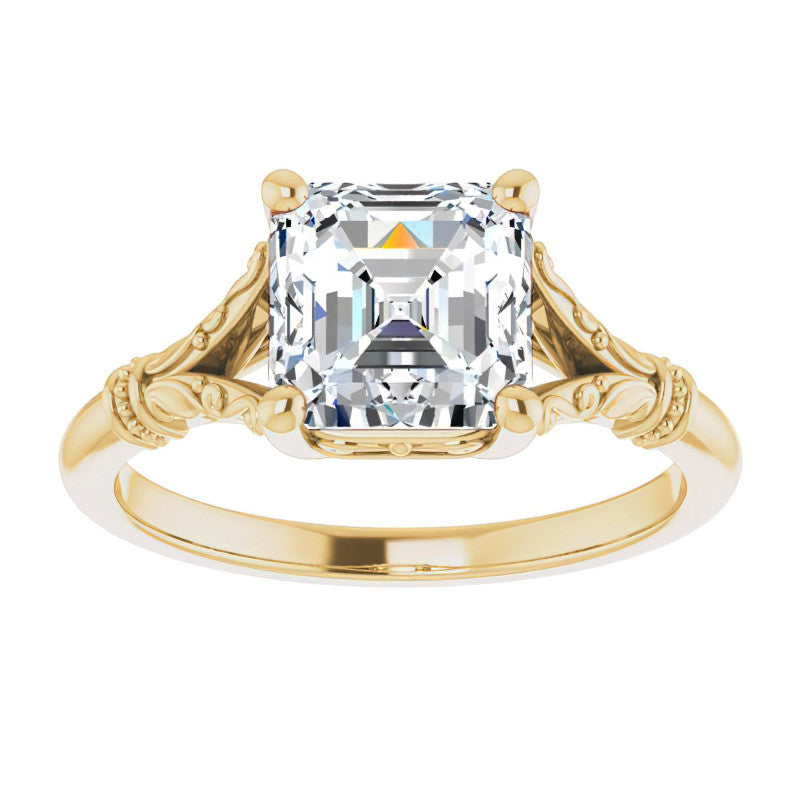 Asscher Split Shank Moissanite Engagement Ring with Scroll Accents