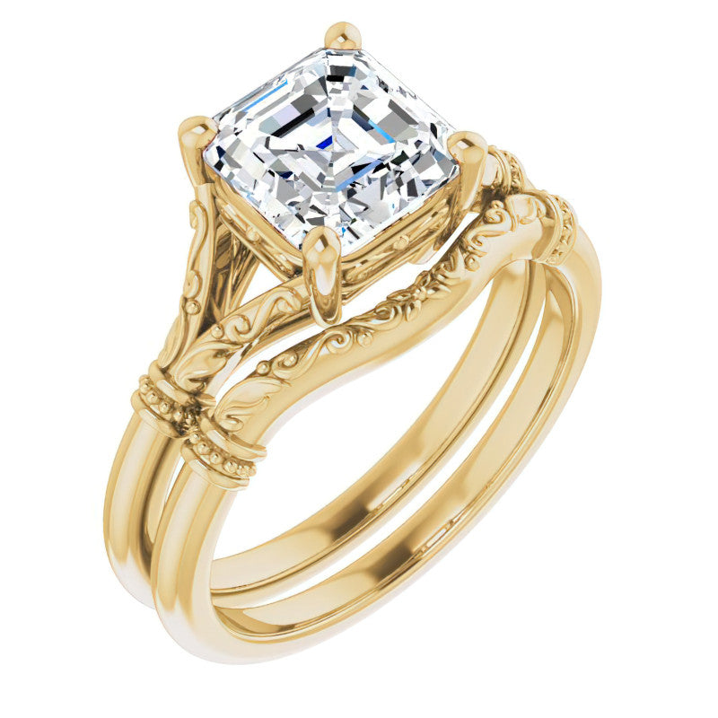 Asscher Split Shank Moissanite Engagement Ring with Scroll Accents