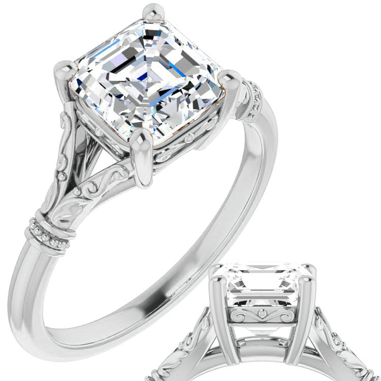Asscher Split Shank Moissanite Engagement Ring with Scroll Accents