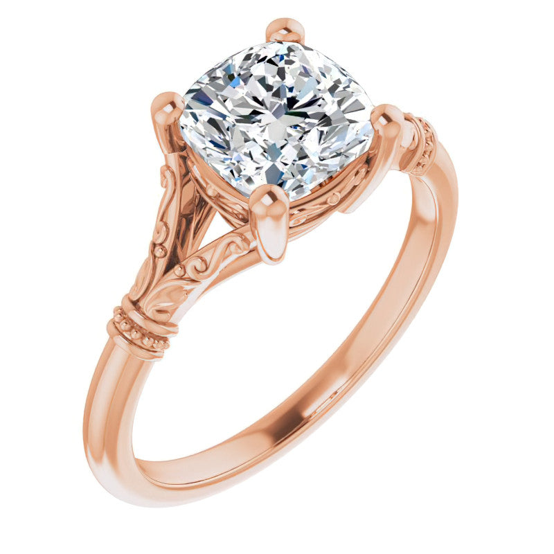 Cushion Split Shank Moissanite Engagement Ring with Scroll Accents