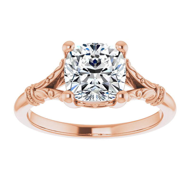 Cushion Split Shank Moissanite Engagement Ring with Scroll Accents