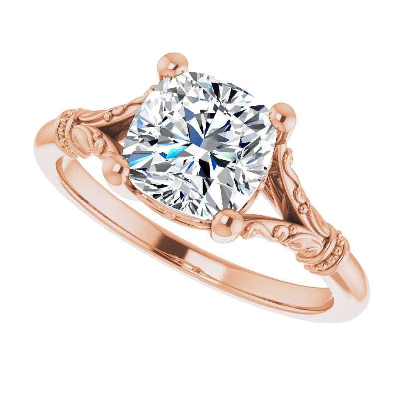 Cushion Split Shank Moissanite Engagement Ring with Scroll Accents