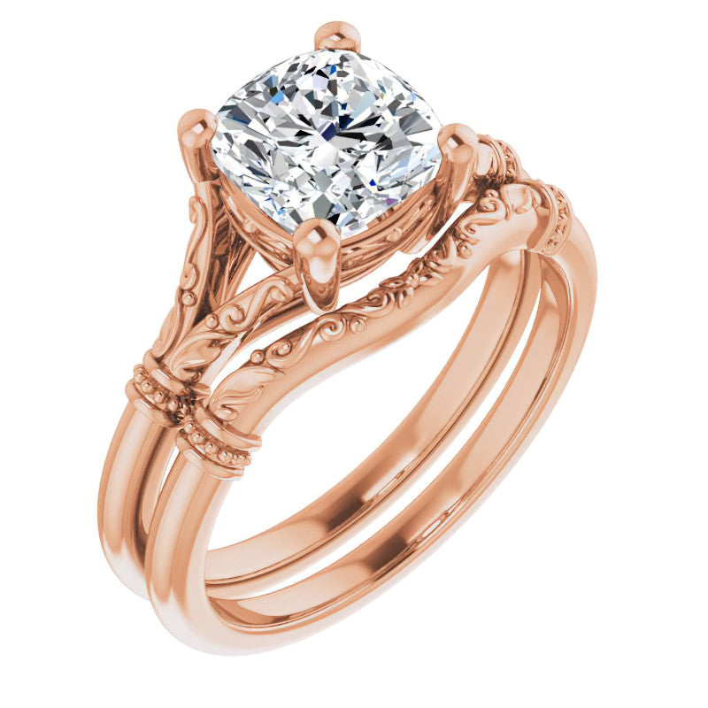 Cushion Split Shank Moissanite Engagement Ring with Scroll Accents