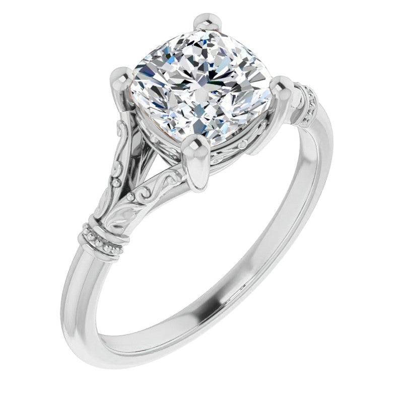 Cushion Split Shank Moissanite Engagement Ring with Scroll Accents