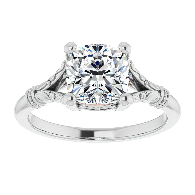 Cushion Split Shank Moissanite Engagement Ring with Scroll Accents