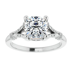 Cushion Split Shank Moissanite Engagement Ring with Scroll Accents