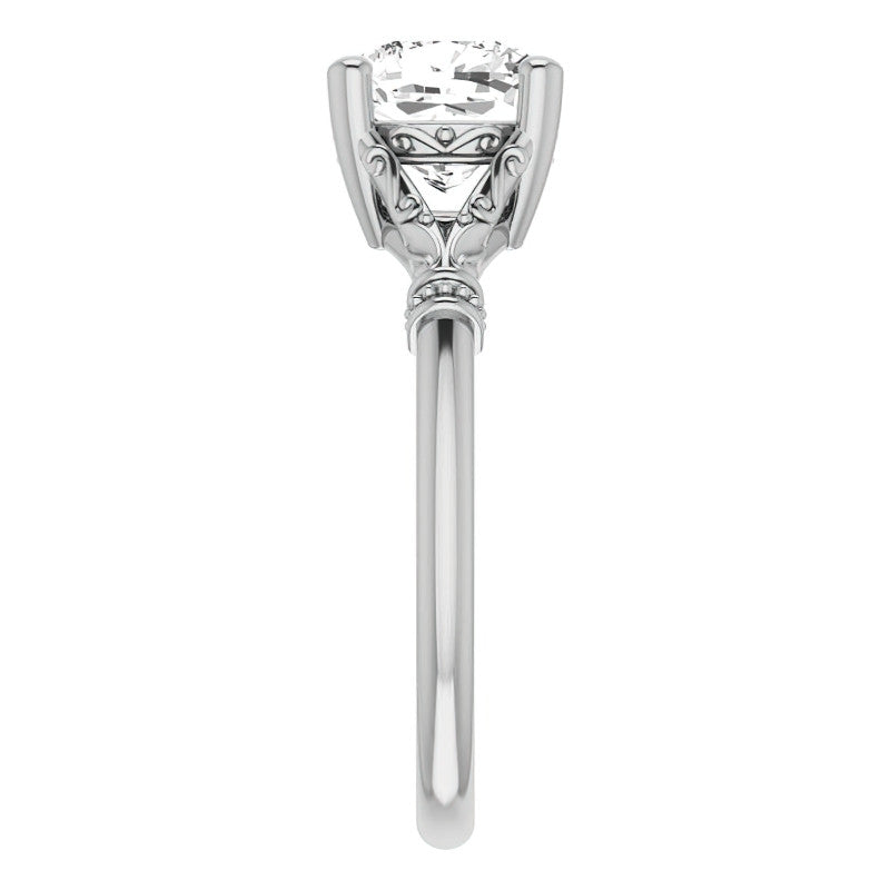 Cushion Split Shank Moissanite Engagement Ring with Scroll Accents