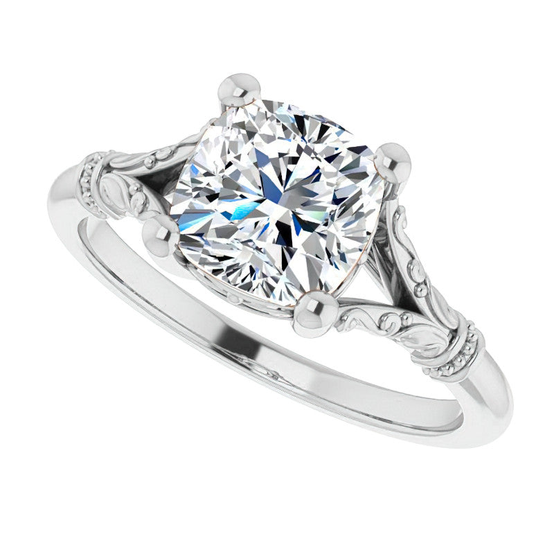Cushion Split Shank Moissanite Engagement Ring with Scroll Accents