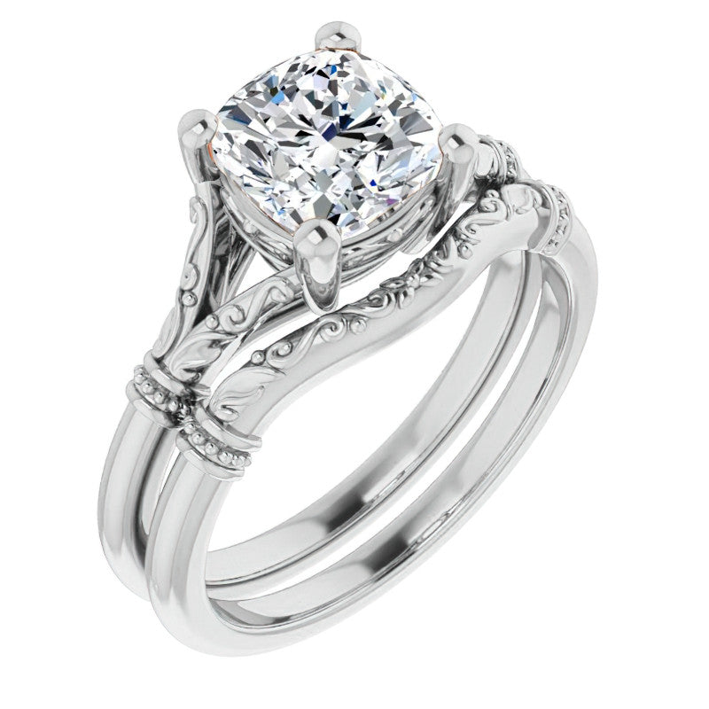 Cushion Split Shank Moissanite Engagement Ring with Scroll Accents