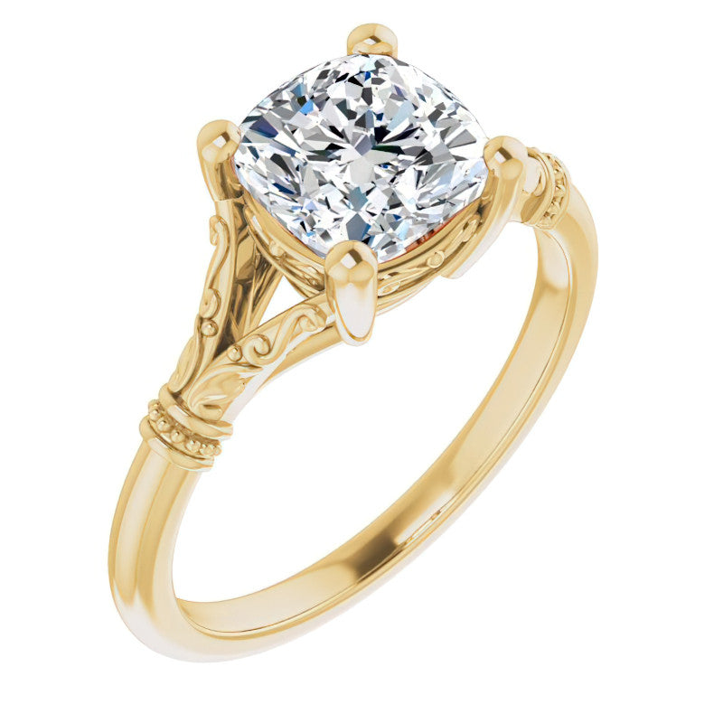 Cushion Split Shank Moissanite Engagement Ring with Scroll Accents